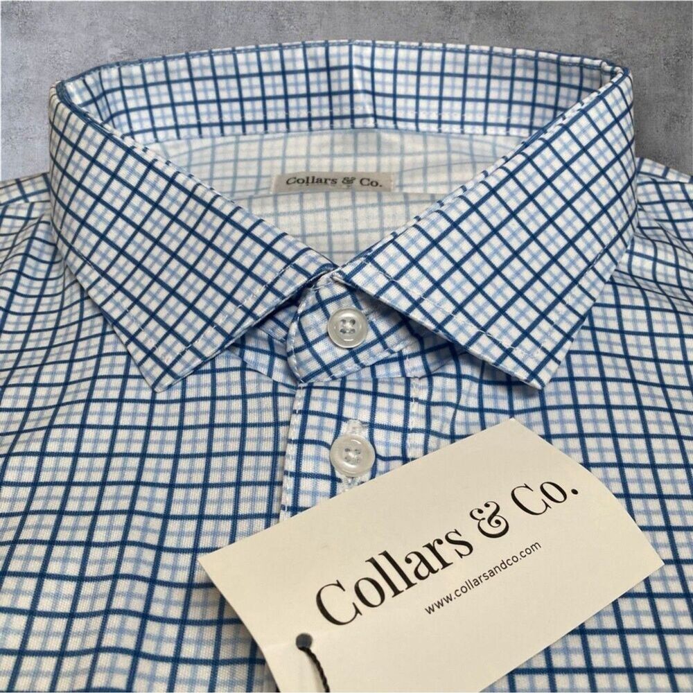 Collars & Co Polo Shirt Mens Medium Blue Tattersall Stretch Dress Collar NWT